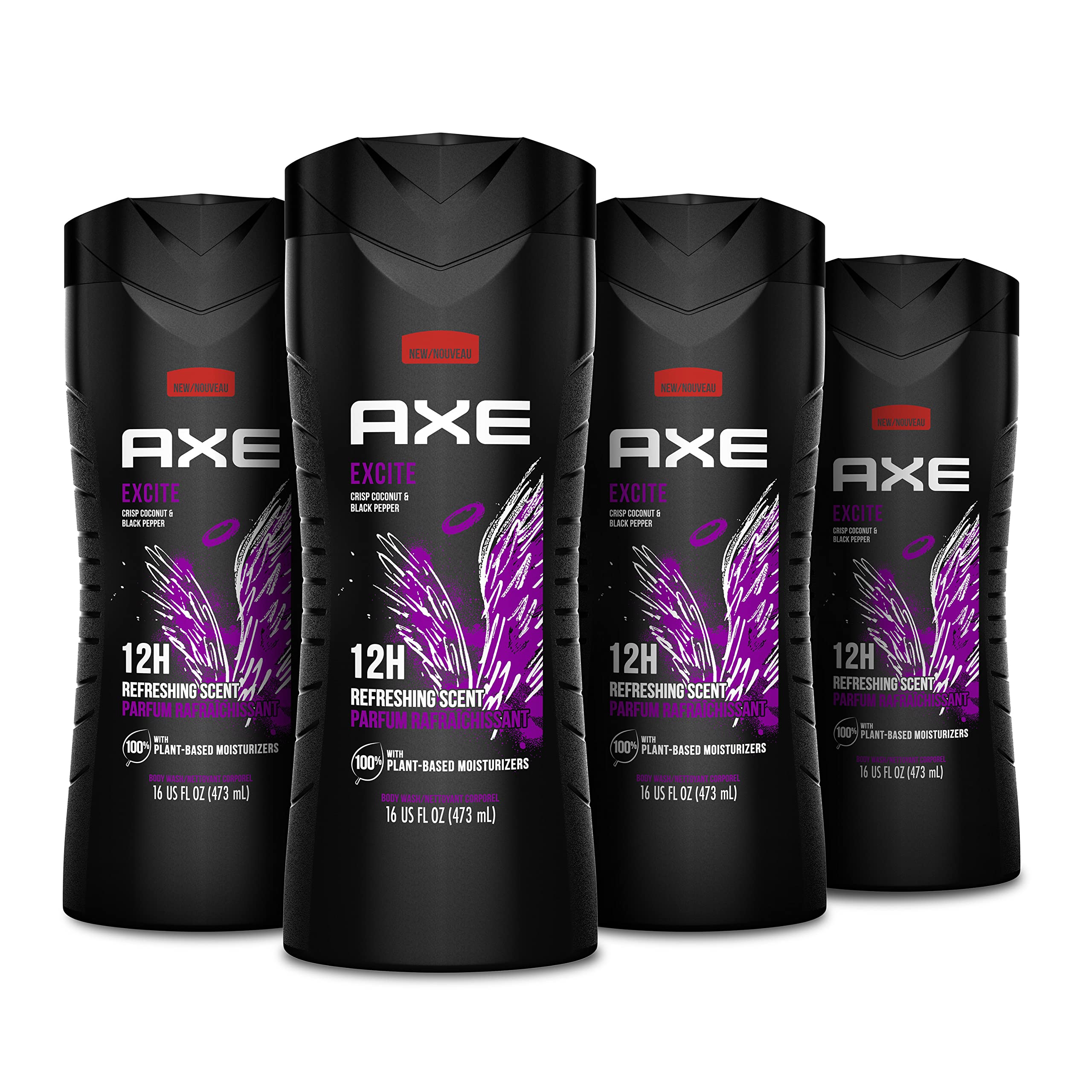 AXE 12h Refreshing Men's Body Wash, Crisp Coconut & Black Pepper Scent, Plant-Based Moisturizers, 16 oz 4 Pack for Men
